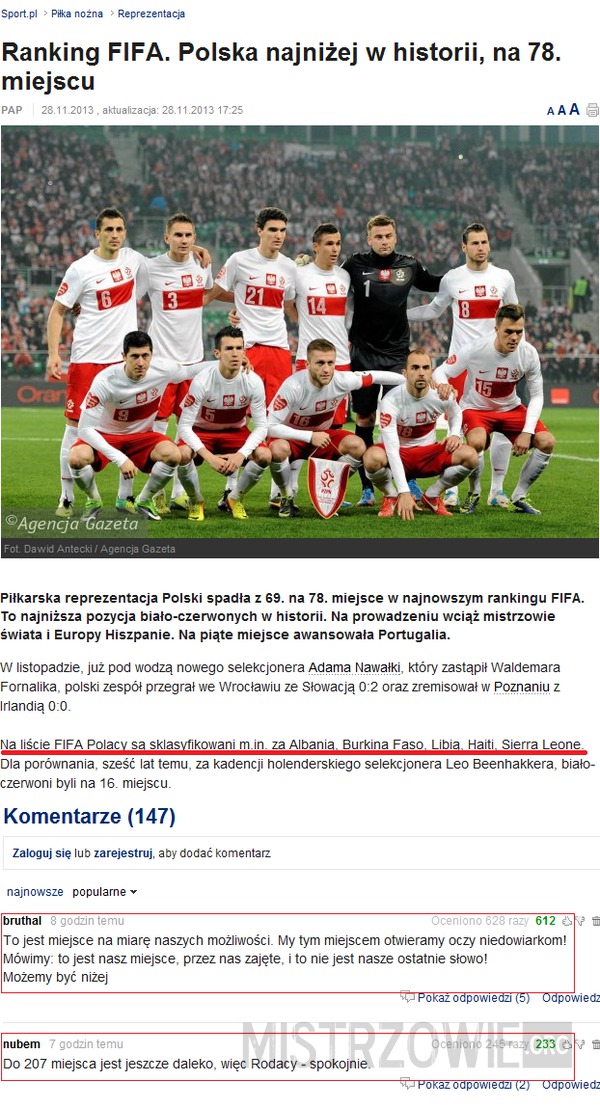 Polska najniżej w historii w rankingu FIFA cz.2 –  