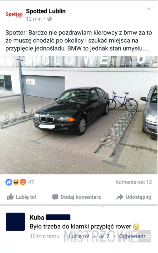 BMW na miejscu dla rowerów –  