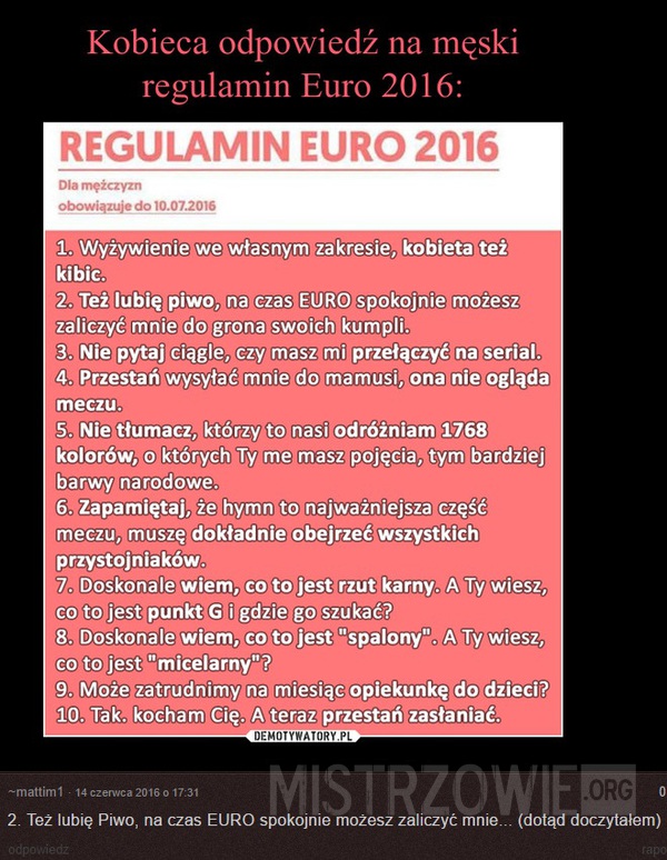 Kobieca odpowiedź na męski regulamin Euro 2016 –  