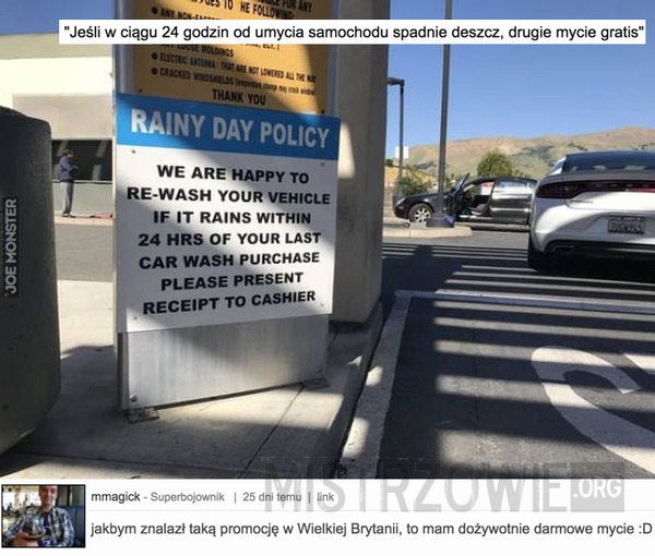 Jeśli w ciągu 24 godzin od umycia samochodu spadnie deszcz –  