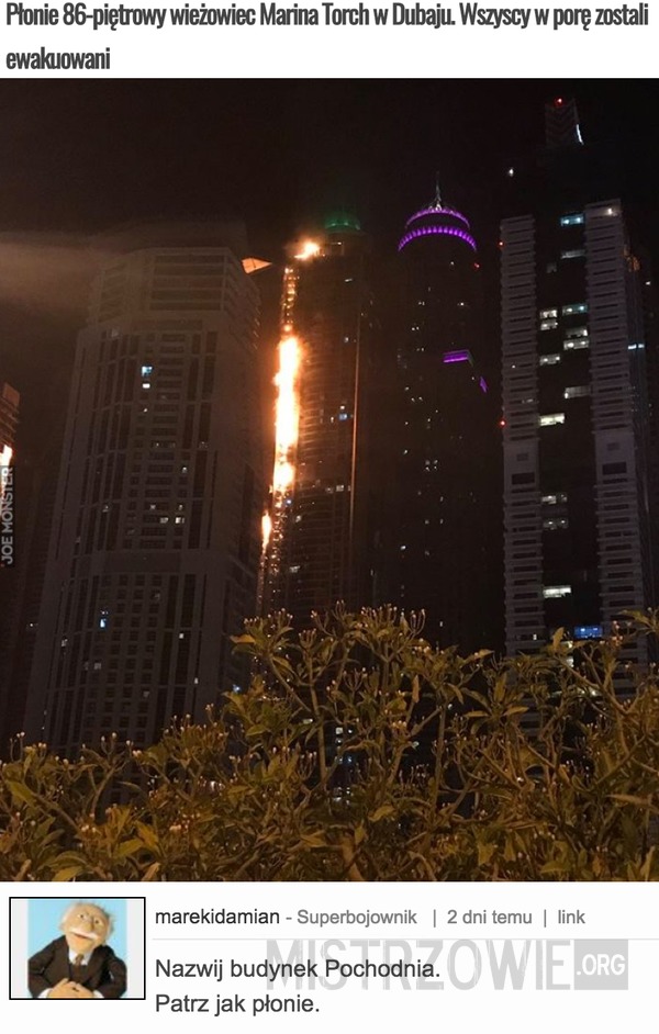 Płonie 86-piętrowy wieżowiec Marina Torch w Dubaju –  