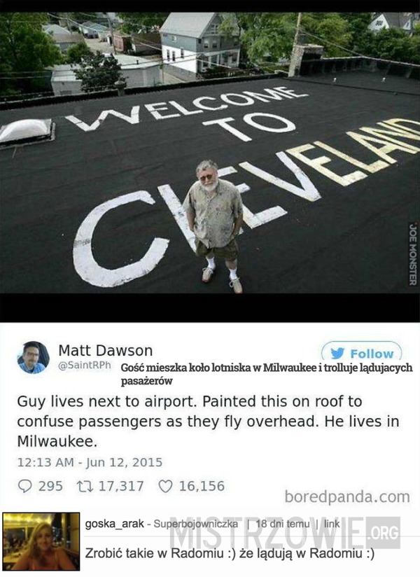 Gość mieszka koło lotniska w Milwaukee i trolluje lądujacych pasażerów –  