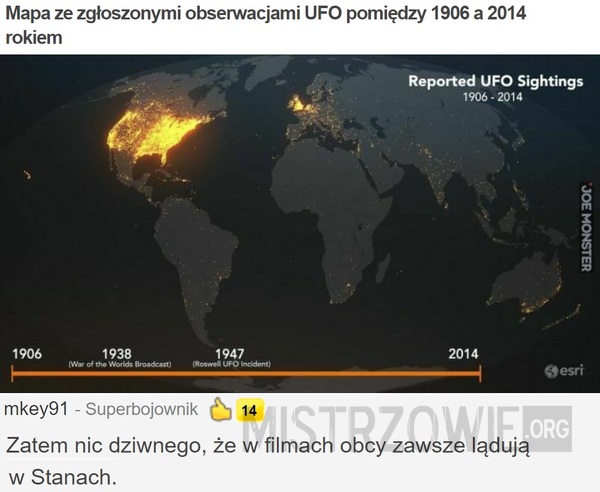 Mapa ze zgłoszonymi obserwacjami UFO pomiędzy 1906 a 2014 rokie –  