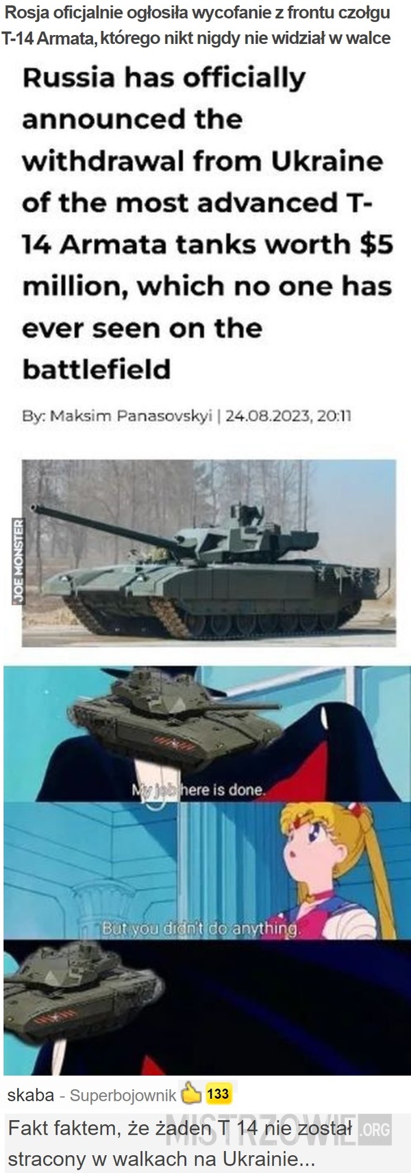 Rosja oficjalnie ogłosiła wycofanie z frontu czołgu T-14 Armata –  